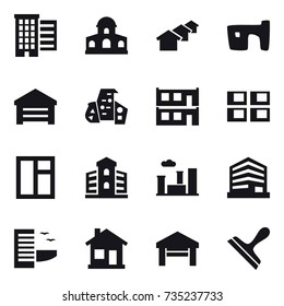 16 vector icon set : houses, mansion, slum, garage, modern architecture, modular house, panel house, window, building, city, hotel, home, scraper