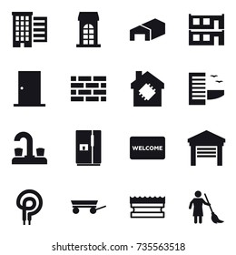 16 vector icon set : houses, building, warehouse, modular house, door, brick wall, smart house, hotel, water tap, fridge, welcome mat, garage, trailer, sponge, brooming