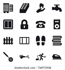 16 vector icon set : houses, brick, real estate, water tap, power switch, locked, phone, speaker, fence, window, slippers, towels, skimmer, blower, vacuum cleaner, iron