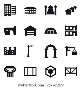 16 vector icon set : houses, airport building, minaret, slum, garage, hangare, modular house, palace, outdoor light, arch, antique column, window, farm fence