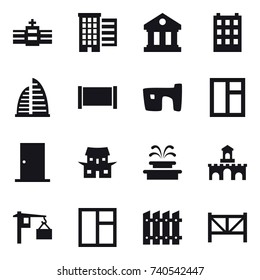 16 vector icon set : houses, library, building, skyscraper, fence, slum, window, door, japanese house, fountain, fort, farm fence