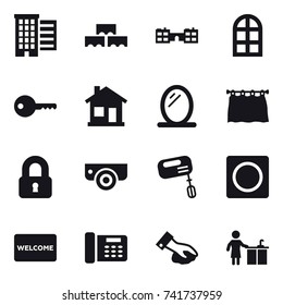 16 vector icon set : houses, block wall, school, arch window, key, home, mirror, curtain, locked, surveillance camera, mixer, ring button, welcome mat, wiping, kitchen cleaning
