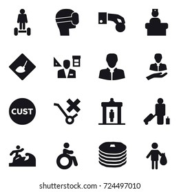 16 vector icon set : hoverboard, virtual mask, hand coin, under construction, architect, detector, passenger, surfer, invalid, trash
