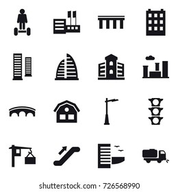16 vector icon set : hoverboard, store, bridge, building, skyscrapers, skyscraper, city, house, outdoor light, escalator, hotel, sweeper