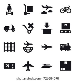 16 vector icon set : hoverboard, cargo stoller, journey, bike, plane, train, ticket, airplane, yacht, package