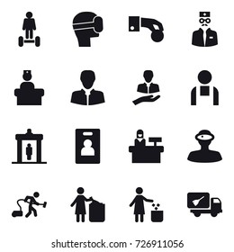 16 vector icon set : hoverboard, virtual mask, hand coin, detector, identity card, reception, vacuum cleaner, garbage bin, home call cleaning