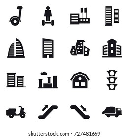 16 vector icon set :  hoverboard, store, skyscrapers, skyscraper, modern architecture, building, district, city, house, escalator, trash truck