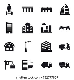 16 vector icon set : hoverboard, bridge, skyscraper, building, city, house, outdoor light, hotel, trash truck, sweeper