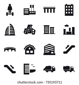 16 vector icon set : hoverboard, store, bridge, building, skyscraper, modern architecture, district, city, house, escalator, hotel, trash truck, sweeper