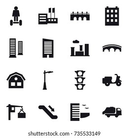 16 vector icon set : hoverboard, store, bridge, building, skyscrapers, skyscraper, city, house, outdoor light, escalator, hotel, trash truck