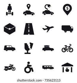 16 vector icon set : hoverboard, car pointer, electric car, dollar pin, box, car baggage, bike, motorcycle, invalid, warehouse