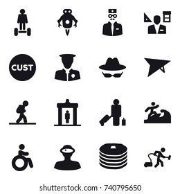 16 vector icon set : hoverboard, jet robot, architector, deltaplane, tourist, detector, passenger, surfer, invalid, vacuum cleaner