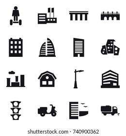 16 vector icon set : hoverboard, store, bridge, building, skyscraper, modern architecture, city, house, outdoor light, hotel, sweeper