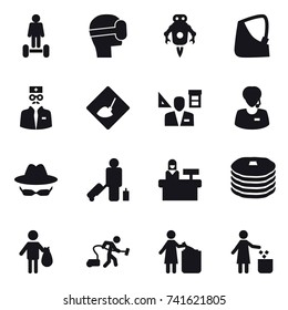 16 vector icon set : hoverboard, virtual mask, jet robot, under construction, architector, passenger, reception, trash, vacuum cleaner, garbage bin