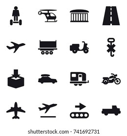 16 vector icon set : hoverboard, airport building, car baggage, trailer, motorcycle, airplane, departure, pickup