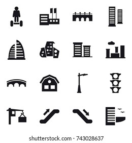 16 vector icon set : hoverboard, store, bridge, skyscrapers, skyscraper, modern architecture, district, city, house, outdoor light, escalator, hotel