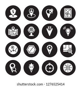 16 vector icon set : Human Location, Earth grid, East, Favorite Place, Find Down chevron, Globe, Forbidden, Geolocalization isolated on black background