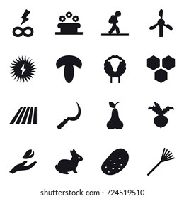 16 vector icon set : infinity power, flower bed, tourist, sheep, honeycombs, field, sickle, pear, beet, hand leaf, rabbit, potato, rake