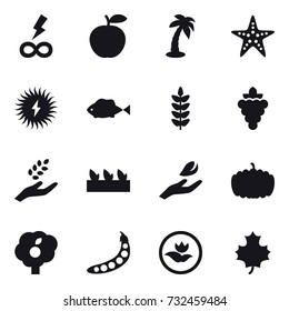 16 vector icon set : infinity power, palm, starfish, grape, harvest, seedling, hand leaf, pumpkin, garden, peas, ecology, maple leaf