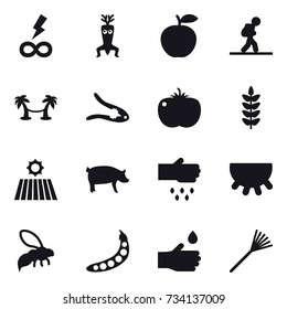 16 vector icon set : infinity power, dna modify, tourist, palm hammock, walnut crack, field, pig, sow, udder, wasp, peas, hand drop, rake