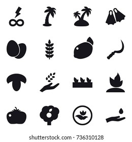 16 vector icon set : infinity power, palm, island, flippers, sickle, mushroom, harvest, seedling, sprouting, tomato, garden, ecology, hand and drop