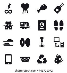 16 vector icon set : infinity power, cardio chip, chicken leg, japanese house, trailer, passport, slippers, kolander, recycling, microb