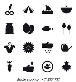 16 vector icon set : infinity power, tent, shark flipper, cauldron, trees, corn, flower, sow, watering can, carrot, hand drop, ecology, maple leaf