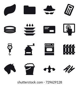 16 vector icon set : inflatable mattress, inflatable pool, plate washing, handle scales, hand mill, fence, horse, foam bucket, hard reach place cleaning, clothespin