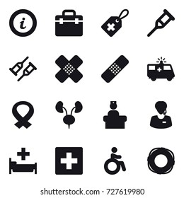 16 vector icon set : info, hospital, first aid, invalid, lifebuoy