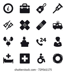 16 vector icon set : info, hospital, first aid, invalid, lifebuoy