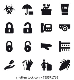 16 vector icon set : inspector, uv cream, locked, unlocked, intercome, surveillance camera, cook glove, watering, hand leaf, gloves, garbage bin, bug