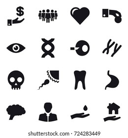 16 vector icon set : investment, team, heart, hand coin, hand and drop, housing