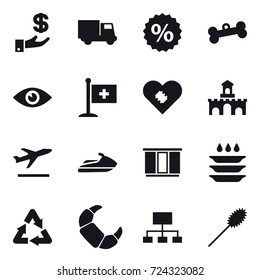 16 vector icon set : investment, truck, percent, bone, fort, departure, jet ski, wardrobe, plate washing, hierarchy, duster