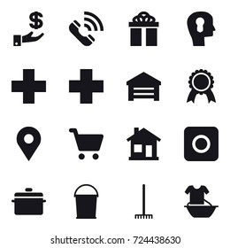 16 vector icon set : investment, call, gift, bulb head, garage, medal, home, ring button, pan, bucket, rake, handle washing