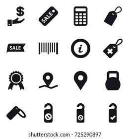 16 vector icon set : investment, sale, calculator, label, barcode, info, medal, do not distrub, please clean