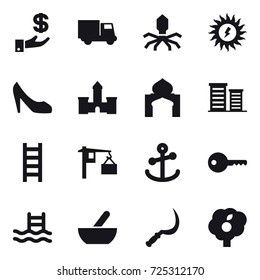 16 vector icon set : investment, truck, virus, sun power, shoes, castle, minaret, district, stairs, key, pool, mortar, sickle, garden