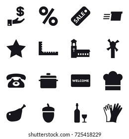 16 vector icon set : investment, percent, sale, delivery, star, ruler, church, windmill, phone, pan, welcome mat, cook hat, acorn, wine, gloves