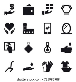 16 vector icon set : investment, wallet, gift, hex molecule, mansion, mobile checking, mirror, rag, hand drop, scoop, hand and drop, gloves, handle washing