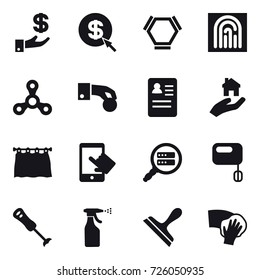 16 vector icon set : investment, dollar arrow, hex molecule, fingerprint, spinner, hand coin, real estate, curtain, sprayer, scraper, wiping