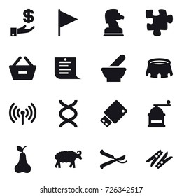 16 vector icon set : investment, flag, chess horse, puzzle, remove from basket, shopping list, stadium, wireless, hand mill, pear, sheep, pruner, clothespin