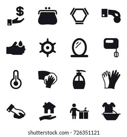 16 vector icon set : investment, purse, hex molecule, hand coin, handwheel, mirror, wiping, liquid soap, gloves, housing, kitchen cleaning, handle washing