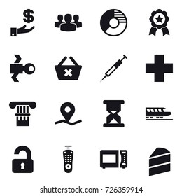 16 vector icon set : investment, group, circle diagram, medal, satellite, delete cart, column, train, unlocked