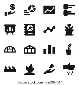 16 vector icon set : investment, diagram, statistic, presentation, annual report, graph, flower, greenhouse, seedling, sprouting, hand leaf, sow