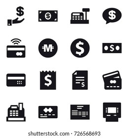 16 vector icon set : investment, money, cashbox, money message, tap to pay, crypto currency, dollar coin, credit card, receipt, account balance, atm