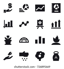 16 vector icon set : investment, diagram, statistic, annual report, graph, presentation, graph up, flower, greenhouse, sprouting, hand leaf, sow, garden, fertilizer