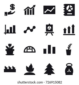 16 vector icon set : investment, diagram, statistic, annual report, graph, presentation, graph up, flower, greenhouse, seedling, sprouting, spruce, fertilizer