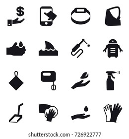 16 vector icon set : investment, touch, smart bracelet, shark flipper, rag, hand leaf, sprayer, scoop, wiping, hand and drop, gloves