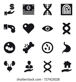 16 vector icon set : investment, money, dna, fingerprint, hand coin, heart, housing