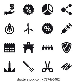 16 vector icon set : investment, percent, diagram, molecule, rocket, windmill, arch, bridge, shield, big fork, scissors, clothespin