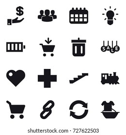 16 vector icon set : investment, group, calendar, bulb, battery, add to cart, bin, sale, heart, stairs, train, cart, reload, handle washing